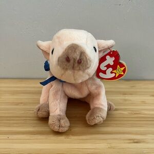 Ty Beanie Baby Knuckles Pig with Blue Ribbon
